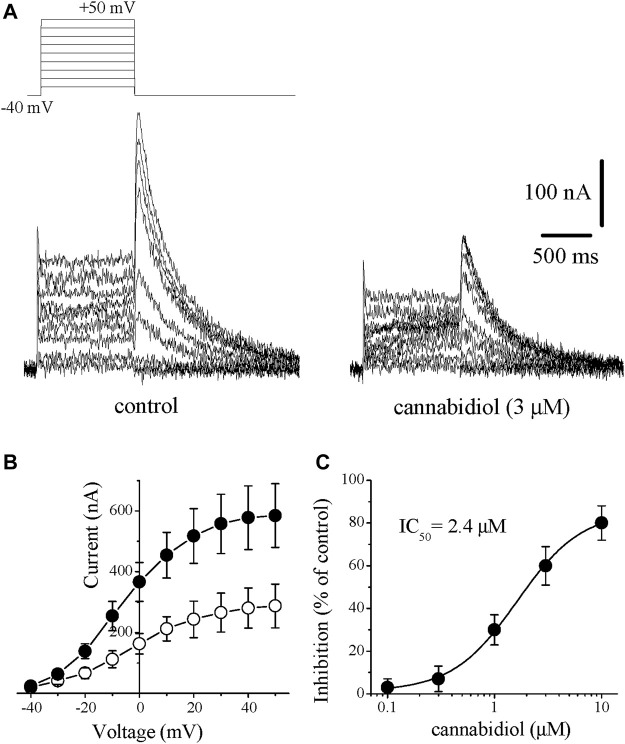 Cannabidiol suppresses the I Kr tail current. Original traces of currents recorded in rabbit cardiomyocytes are presented in panel (A). I Kr tails were measured as a time-dependent component of the tail current activated in response to membrane repolarization. Recordings in control and after 10 min in the presence of 3 μM CBD are presented on the left and right panels, respectively. The pulse protocol to evoke I Kr is presented in the inset (B) Current-voltage relation showing the cumulative effect of 3 μM CBD. Data points represent the averages of currents recorded with the same protocol described above in 6 cells before (control, filled circles) and after (open circles) CBD application (C) Concentration-inhibition curve for CBD inhibition of I Kr tails (n = 5–8).