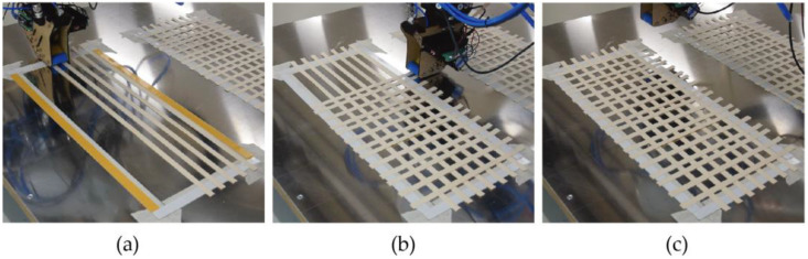 Robotic fiber laying process: (a) Fiber laying in direction one; (b) Fiber laying in direction two; (c) Completed 2D lattice.