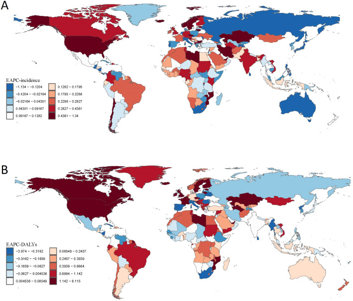 Map A shows EAPC-incidence rates worldwide, using a color gradient from blue (decrease) to red (increase), with specific ranges detailed. Map B displays EAPC-DALYs with a similar gradient and different ranges. Both maps highlight regional variations in trends.