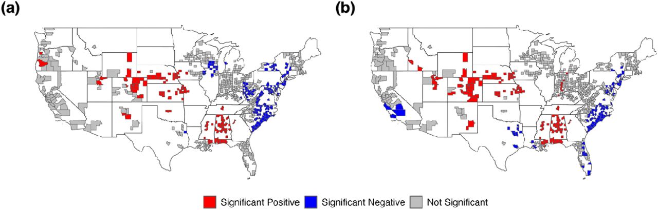Spatial clustering of long COVID incidence across U.S. counties based on Getis statistic before (a) and after (b) Omicron dominance.