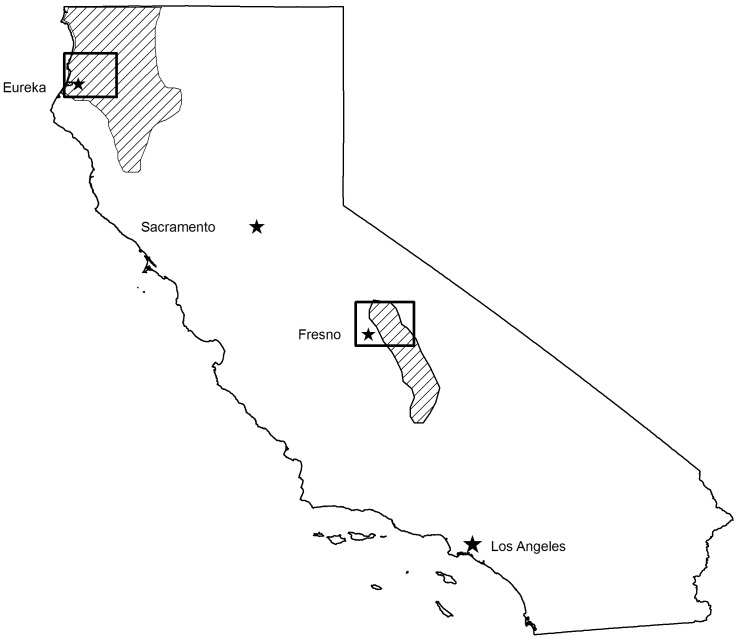 Fisher (Martes pennanti) current range in California and project areas.Current range (shaded areas) of the two isolated California populations of fishers (Martes pennanti). Areas of fisher projects that generated data for exposure and mortality to anticoagulant rodenticides are outlined within the two isolated populations.