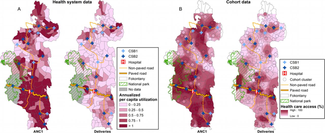 Spatial variation in antenatal care (ANC1) and deliveries in Ifanadiana District, 2016-2018.A) Annualized per capita utilization out of expected pregnant women, estimated as the fokontany average from data of all health centers. B) Percentage of pregnant women included in each of 80 clusters in cohort surveys (black circle) who accessed each maternal care service, with values interpolated using inverse distance weighted interpolation.