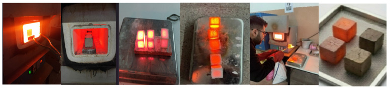 High-temperature performance and fire resistance images of geopolymer composite samples.