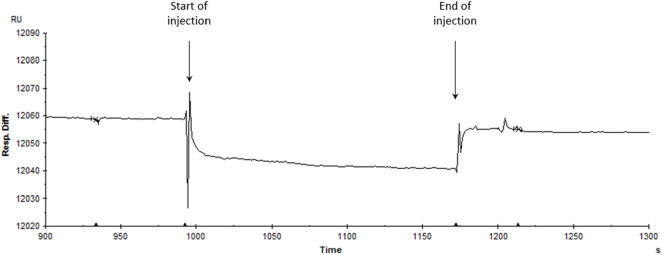 Assessment of the interaction between hKir2.1-WT and endocannabinoids. Single injection of ArEA at 50 μM on a His-tagged hKir2.1 captured by an anti-His antibody covalently immobilized-CM5 sensor chip (at 60 μL/3 min). The SPR response is expressed in response units relative to the time in seconds. The decrease in response difference (20 relative units RU) corresponds to the buffer effect and is indicative of no interaction.