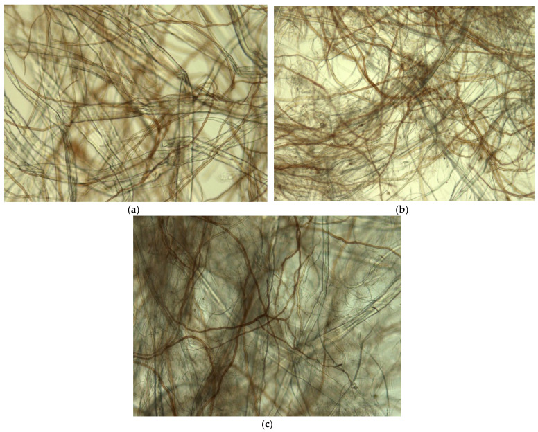 Microstructure (light microscopy, magnification 200×) of the composite materials: (a) KF FF; (b) HF FF; (c) HF KF FF.