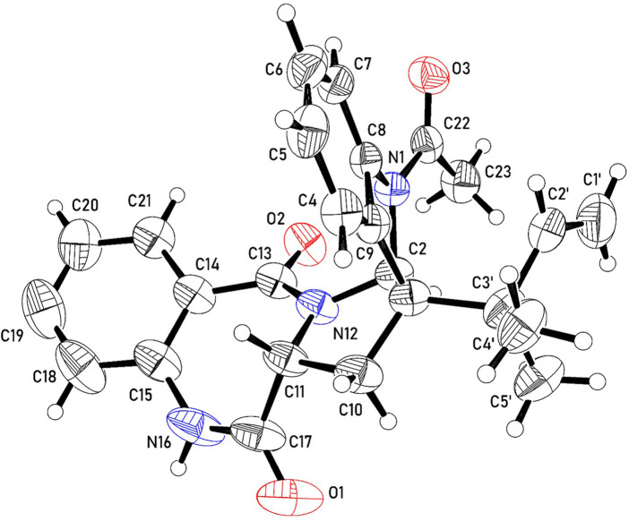 A molecule from the crystal structure of 2 showing 50% atomic displacement ellipsoids.