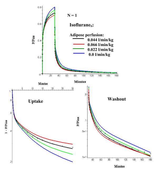 Comparison of IsofluraneS early time experimental data (squares) and model predictions (line) for the one adipose compartment (N = 1) PBPK model for adipose perfusion rates (FT) varying from 0 to 0.066 l/kg/min. The optimal value of σ (= 3) is used. The top panel shows an absolute plot of the (end tidal partial pressure)/(inspired partial pressure) (= P/Pinsp) versus time. The bottom panels show semi log plots of 1 - P/Pinsp during the 30 minute uptake period (left) and P/Pinsp (right) during the 150 minute washout period.