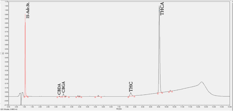 U-HPLC analysis of the Bedrocan MC inflorescence product. From left to right, the analyzed phytocannabinoids were CBDA, CBGA, THC, and THCA. CBN and CBG are undetectable in a fresh specimen. CBDA, cannabidiol acid; CBGA, cannabigerolic acid; THC, (-)-∆9-trans- tetrahydrocannabinol; THCA, (-)-∆9-trans- tetrahydrocannabinol acid; CBN, cannabinol; CBG, cannabigerol