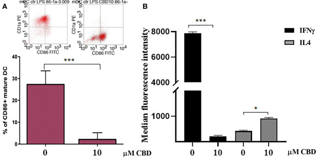CBD interferes with LPS-induced maturation of DC and activation of T cell dependent responses. (A) Monocyte-derived dendritic cells from psoriatic individuals were generated in presence of CBD (10μM) or with vehicle alone (DMSO 0,1%) for 7 days and then exposed to LPS maturation for additional 24h. The bar graph shows the flow cytometry analysis of the maturation surface marker CD86 on CD1a positive monocyte-derived dendritic cells from psoriatic individuals. (B) Monocyte-derived dendritic cells from psoriatic individuals were co-cultured with T cells in presence of CBD (10μM) or with vehicle alone (DMSO 0,1%). The histogram highlights the release levels of IFNγ and IL-4 following 7 days-co-culture. (ANOVA; *p<0,05, ***p<0,001).