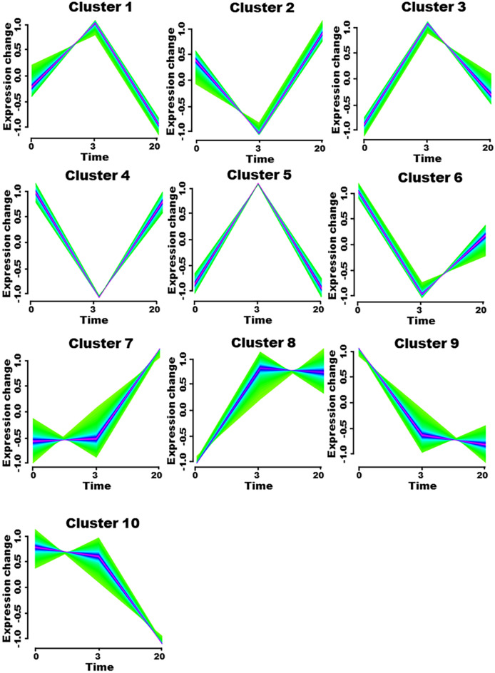 Time series analysis. Cluster 1, 3 and 5 were genes whose expression go up first and then down. Cluster 2, 4 and 6 were genes whose expression go down first and then up. Clusters 7 and 8 were consistently upregulated genes. Clusters 9 and 10 were consistently downregulated genes. The X-axis is time series, and the Y-axis is gene expression.