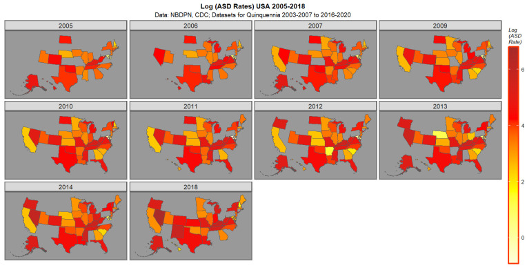 Map graph of (log) ASD Rates across USA 2005–2018.