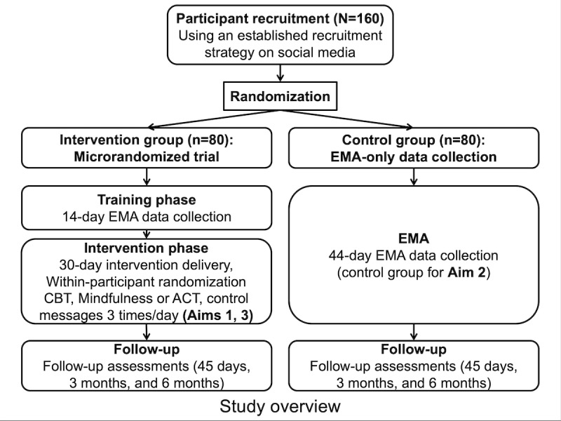 Study overview. ACT: acceptance and commitment therapy; CBT: cognitive behavioral therapy; EMA: ecological momentary assessment.