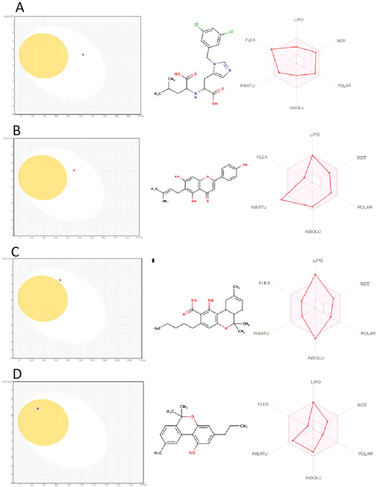 The bioavailability radars and BOILED-Egg for reference and hit compounds (A) MLN-4760 (reference), (B) 6-prenylapigenin, (C) Δ8-THCA, and (D) CBN-C3.