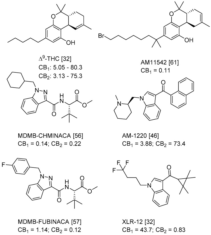 Structure of ∆9-THC, AM11542, MDMB-CHMINACA, AM-1220, MDMB-FUBINACA, and XLR-12 along with their Ki (nM).