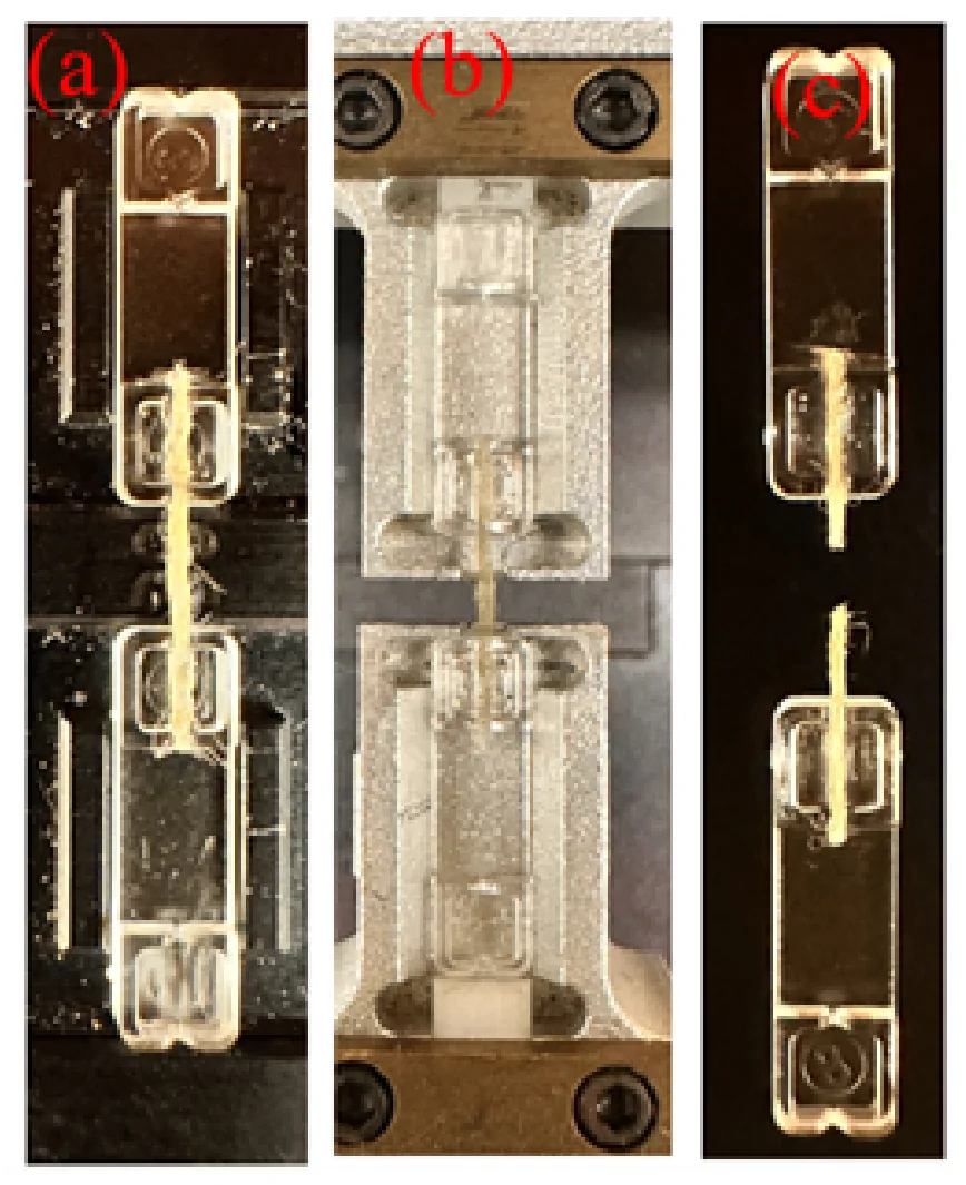 Tensile test of individual hemp fiber: (a) fiber loaded in the cassette, (b) fiber cassette on load cell, (c) tensile tested fiber.