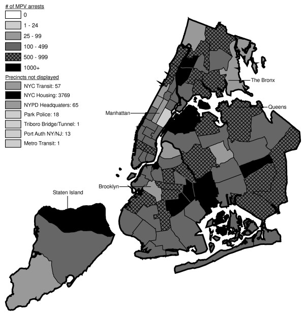 Marijuana in Public View Arrests by NYPD Precinct in 2003 (n = 39,212).