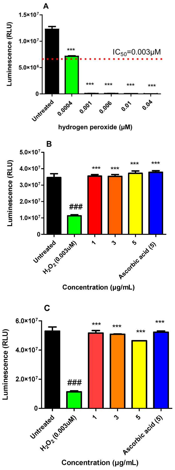 Viability of fibroblast cells treated with H2O2 only after 3 h of treatment (A), simultaneous treatment with H2O2 and PS (B), and after pre-treatment with PS for 24 h, then treated with H2O2 (C). PS significantly protected fibroblasts against H2O2-induced cytotoxicity in both strategies. Data is presented as mean ± SE (n = 9). Statistical analyses were conducted using one-way analysis of variance (ANOVA) to evaluate differences among groups. When significant differences were detected, Tukey’s post hoc multiple comparison test was applied to identify pairwise differences between group means. Statistical analyses: ### p < 0.001 compared with the sample of untreated control, and *** p < 0.001 compared with H2O2. Experiments were conducted in triplicate and repeated in three independent studies.