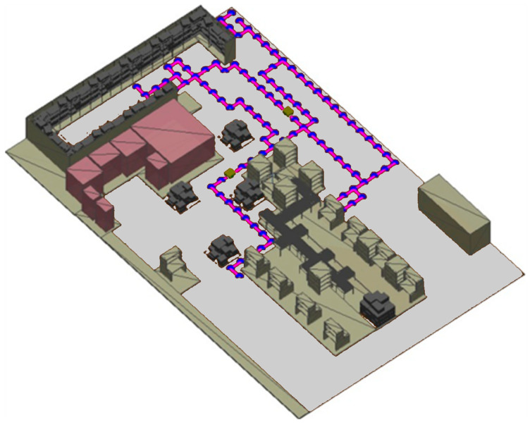 Visualisation of the additional static obstacles in the form of boxes introduced into the learning factory simulation environment for disturbance Scenario 6.