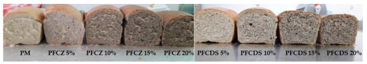 Final products. * PM—control sample; PFCDS 5%—bread with 5% hemp flour Dacia Secuieni; PFCDS 10%—bread with 10% hemp flour Dacia Secuieni; PFCDS 15%—bread with 15% hemp flour Dacia Secuieni; PFCDS 20%—bread with 20% hemp flour Dacia Secuieni; PFCZ 5%—bread with 5% hemp flour Zenit; PFCZ 10%—bread with 10% hemp flour Zenit; PFCZ 15%—bread with 15% hemp flour Zenit; PFCZ 20%—bread with 20% hemp flour Zenit.