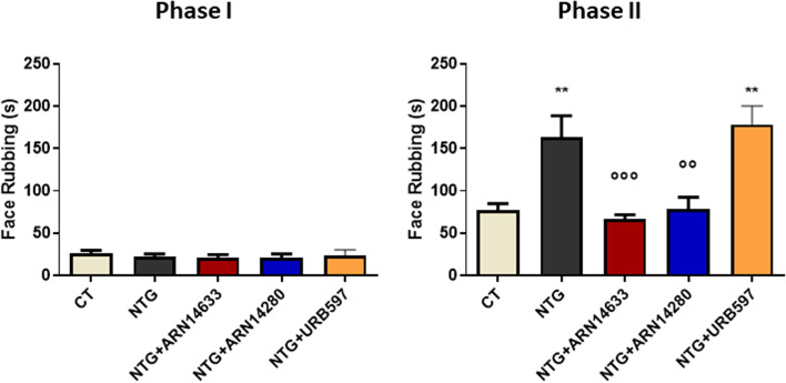 Time spent in face rubbing behavior (seconds) during Phase I (0–3 minutes) and II (12–45 minutes) of the orofacial formalin test in rats treated with NTG vehicle (CT), NTG, NTG + ARN14663 or ARN14280 or URB597 (n = 6–9 per group). Data are reported as mean ± SEM. One-way ANOVA followed by Tukey’s multiple comparisons test: **p < 0.01 vs CT; °°p < 0.01 and °°°p < 0.001 vs NTG and NTG + URB597