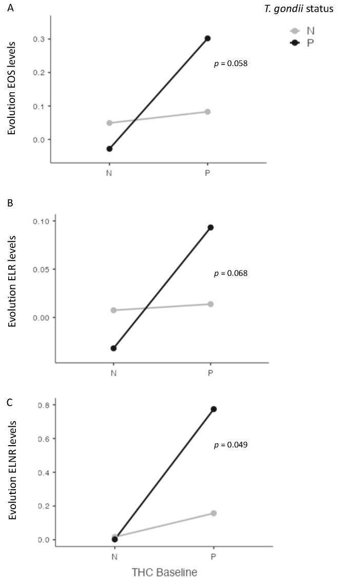 Interactions between cannabis and T. gondii status for eosinophils (EOS) (A), eosionophils–lymphocytes ratio (ELR) (B), and eosinophils–neutrophils–lymphocytes ratio (ENLR) (C) between baseline and four weeks after cannabis cessation. A significant interaction was found between cannabis and T. gondii status and ENLR level evolution, with a statistical trend for EOS and ELR levels. THC = tetrahydrocannabinol; N: Negative; P: positive.