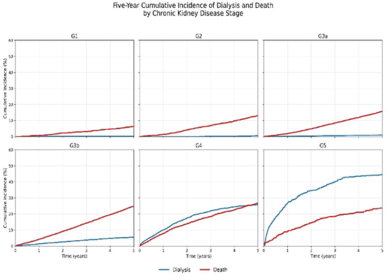 Analysis of competing risks between dialysis initiation and death without dialysis by stages of chronic kidney disease over five years of patients from the National Renal Health Surveillance Registry (VISARE) of EsSalud, 2013-2022