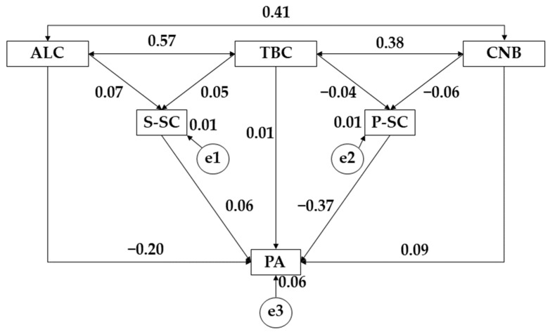 Proposed structural equation for the female population. Note: Alcohol (ALC); tobacco (TBC); cannabis (CNB); social self-concept (S-SC); physical self-concept (P-SC); physical activity (PA).