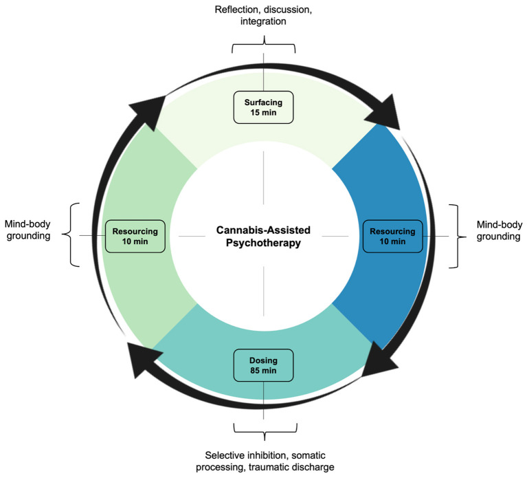 Treatment framework. In line with the PSIP model, CAP involved three criteria: surfacing, resourcing, and dosing. Surfacing readied the patient for treatment, integrating experiences from prior sessions, excluding the first one. Resourcing grounded the patient before and after treatment, comprising mindfulness and nervous system regulation. Dosing included cannabis and psychotherapy, as an interactive treatment, targeting dissociative symptoms and interpersonal trauma. CAP, cannabis-assisted psychotherapy; PSIP, psychedelic somatic interactional psychotherapy.