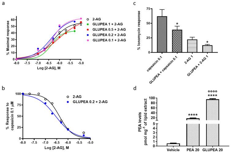 Effect of GLUPEA on 2-AG-induced TRPV1 channel activation and desensitization in human recombinant (HEK)-TRPV1 cells (a) Effect of GLUPEA (0.1, 0.2, 0.5, 1 μM) on the intracellular Ca2+ elevation by 2-AG in HEK-TRPV1 cells. GLUPEA was pre-incubated with cells 5 min prior to 2-AG. (b) Effect of GLUPEA (0.2 μM) on 2-AG-induced TRPV1 channel desensitization of the effect of capsaicin (0.1 μM) in HEK-TRPV1 cells. GLUPEA was pre-incubated with cells 5 min prior to 2-AG treatment. The effect on the intracellular Ca2+ of capsaicin (0.1 μM) alone was set as 100%. Data are representative of n = 4 separate determinations (means ± s.e.m.). (c) Effect of GLUPEA (20 μM) on the intracellular Ca2+ elevation by capsaicin (0.1 μM) or 2-AG (1 μM) in HEK-TRPV1 cells. HEK-TRPV1 cells were untreated or pre-treated for 6 h with GLUPEA (20 μM). Data are representative of n = 4 separate determinations (means ± s.e.m.). Statistical analyses were carried out using the Student’s t test. (* p < 0.05, versus capsaicin 0.1 or versus 2-AG 1 μM). (d) PEA levels were measured in HEK-TRPV1 cells treated for 6 h with GLUPEA (20 μM) or PEA (20 μM). Data are representative of n = 8 separate determinations (means + s.e.m.). Statistical analyses were carried out using one-way ANOVA followed by the Newman–Keuls multiple comparison test (**** p < 0.001, versus vehicle; °°°° p < 0.001, versus PEA 20 μM).