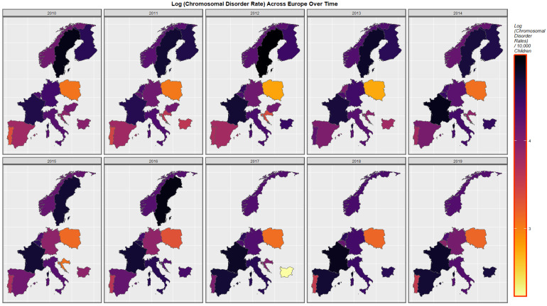 Sequential map-graph of chromosomal disorders over time in selected European nations 2010–2019.