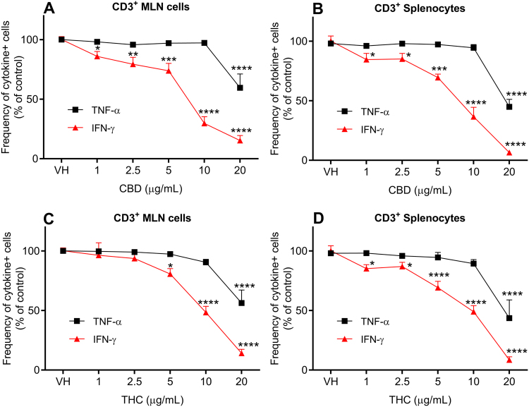 Effects of cannabinoids on the expression of inflammatory cytokines in immune cells isolated from rats. The figure shows the frequency of TNF-α and IFN-γ expressing CD3+ T cells isolated from mesenteric lymph nodes (MLN) and spleen of rats (% frequency of cytokines-expressing CD3+ T cells compared to the control group of untreated cells, mean ± SEM). Cells were stimulated by phorbol myristate acetate and ionomycin (PMA & I) in the presence of brefeldin A after incubation with CBD or THC at concentrations of 1–20 μg/mL. (A) Effect of CBD on the frequency of cytokines-expressing CD3+ T cells isolated from MLN (n = 7). (B) Effect of CBD on the frequency of cytokines-expressing CD3+ T cells isolated from spleen (n = 5). (C) Effect of THC on the frequency of cytokines-expressing CD3+ T cells isolated from MLN (n = 7). (D) Effect of THC on the frequency of cytokines-expressing CD3+ T cells isolated from spleen (n = 5). Statistical analysis was performed using one-way ANOVA with Fisher’s LSD test. Statistical differences compared to the vehicle (DMSO)-treated cells (VH); *P < 0.05; **P < 0.01; ***P < 0.001; ****P < 0.0001.