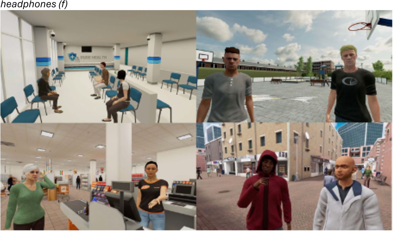 Screenshots of a selection of virtual environments in which the patient can walk around or perform a role-play (©CleVR)