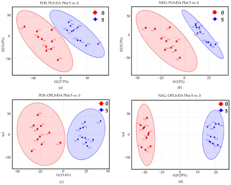 Partial least squares-discriminant analysis (PLS-DA) and orthogonal PLS-DA (OPLS-DA) score plots of hepatopancreas samples. (a,b) PLS-DA score plots in positive and negative ion mode, respectively; (c,d) OPLS-DA score plots in positive and negative ion mode, respectively. Red represents control group; blue represents drought group (5 days). Each point represents a sample.