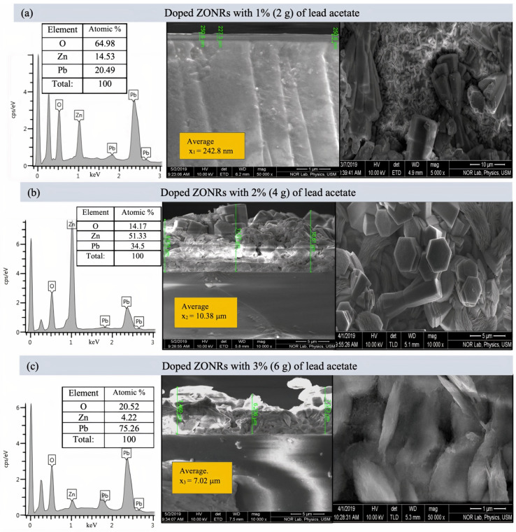 Cross-sectional FESEM images (right) and EDX spectra (left) of the ZONRs-TFs doped with 1–3 wt.% of LA, Inset: EDX Atomic% of detected trace elements.