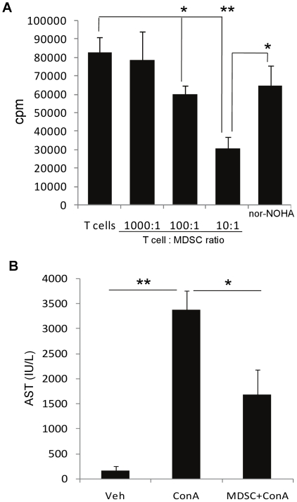 CBD-induced MDSCs in liver are immunosuppressive in vitro and in vivo. CD11b+Gr-1+ cells from liver infiltrating cells of ConA+CBD injected mice were purified, irradiated and co-cultured at different ratios with naïve syngenic purified T cells in the presence of mitogen ConA (4 µg/mL) for 48 h. T cell proliferation was determined by [3H]thymidine incorporation during the last 8 h of culture. In some wells with T cell: MDSC ratio of 10∶1, arginase-1 inhibitor (nor-NOHA) was added at the start of the culture at a concentration of 100 µM. Data are mean ± SEM of triplicate determinations and representative of two independent experiments. (B) WT mice (n = 4) were injected with vehicle or ConA. Five million purified CD11b+Gr-1+ cells isolated from livers of ConA+CBD group, were adoptively transferred 12 h before injecting ConA. Blood was collected 12 h post-ConA injection and analyzed for AST. Data represent mean ± SEM from 4 mice per treatment. Student's t-test (*p<0.05, **p<0.01).