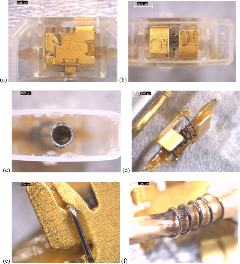 6.3-10x stereozoom microscope images of components from used JUUL pod.a) side view of battery contact–filament -wick assembly inside clear plastic pod. b) top view of (a) showing battery contact tabs. c) bottom view of pod showing metal air tube. d) same view as (b) but removed from pod, showing darkened filament with oil-saturated wick. e) non-brazed connection between filament and battery contact. f) top view of filament and evaporated wick, showing partially burned surfaces.