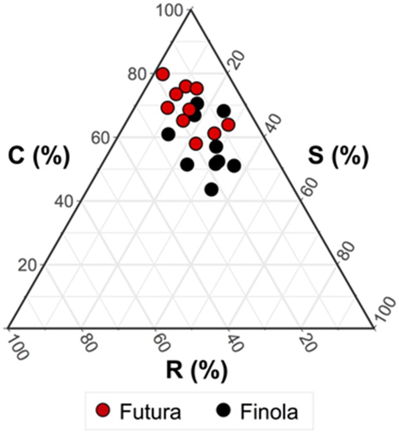 CSR classification of the two variety of Cannabis sativa. Mean CSR strategy of Futura 75 = C/CR (C:S:R: = 69:15:16%); mean CSR strategy of Finola = C/CSR (C:S:R: = 57:26:17%). ANOVA test revealed significant differences (p < 0.01) for what concerns C (competitiveness) and S (stress tolerance).