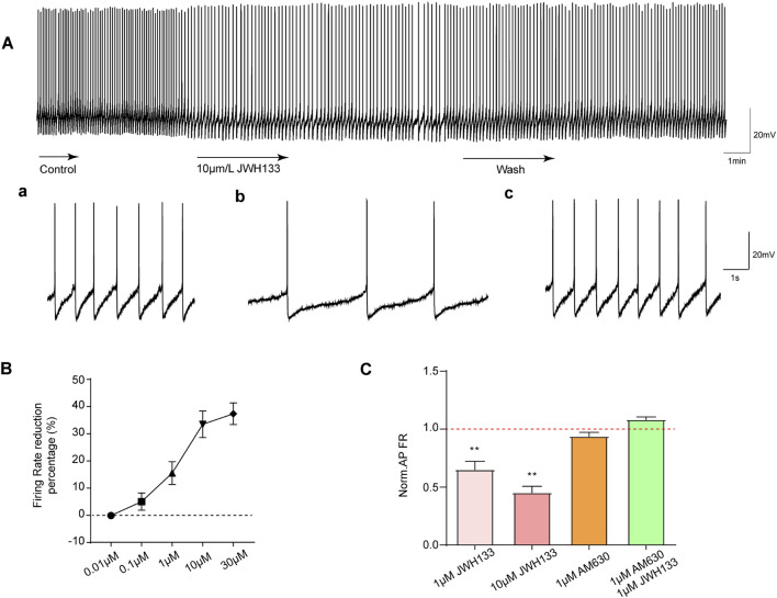 Effects of JWH133 on spontaneous firing of dopaminergic neurons in the SNc. The activation of CB2R reduces the discharge of dopamine neurons in vitro. (A) JWH133 significantly reduces the firing rate of dopaminergic neurons in the SNc. Representative pictures sowed the firing before (a), after JWH133 perfusion (b) and wash (c). (B) and (C) Summarized data showed that JWH133 dose-dependently inhibits firing frequency of dopamine neurons. The inhibitory effect of JWH133 on firing frequency was blocked by AM630 (1 μM) (n = 7, **P < 0.01, compared with control).