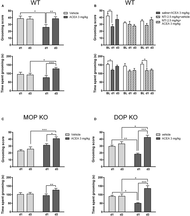 Effects of ACEA treatment on depressive-like behaviors in the splash test for wildtype (WT) (A), MOP knockout (KO) (C), and DOP KO (D) mice. Bars represent mean (+SEM) grooming score (left) and time (s) spent grooming (right) in response to vaporization of a 20% sucrose solution on the back fur. Responses were assessed in each genotype over a 5-min period, 45 min after the first and third daily (d1, d3) injections of vehicle or ACEA (3 mg/kg). Grooming responses were assessed in a separate group of WT mice on days 1 and 3 (d1, d3) following injections of ACEA plus saline, ACEA combined with naltrindole (NTI), or NTI alone (B). ACEA = arachidonyl-2-chloroethylamide *P < 0.05; **P < 0.01; ***P < 0.001.