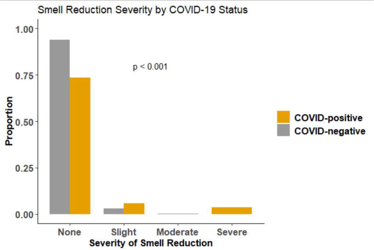 Comparison of the proportions of self-reported severity of smell loss on the Yale Jiffy by COVID-positive and COVID-negative healthcare workers. P value is a Fisher’s exact test of independence.