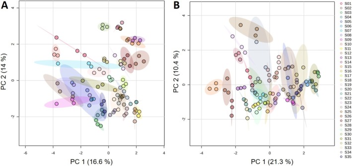 PCA plot of the 35 CBD‐type varieties S01–S35 analyzed with LC‐HRMS in (A) negative mode and (B) positive mode.