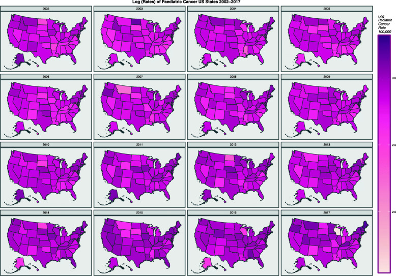 Map graph of total pediatric cancer incidence rate by state over time sequence, by year