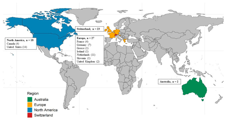 Map showing the country of residence of the participating physicians by region.