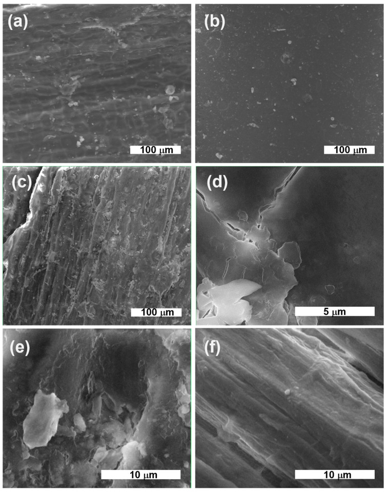 SEM images: HMP-STK target at deposition time (a) and the same HMP-STK target two years later (c,e); PLD-HMP-STK/Glass in 2020 (b) and in 2022 (d); thin film PLD-HMP-STK/HMP-FB as of 2022 (f).