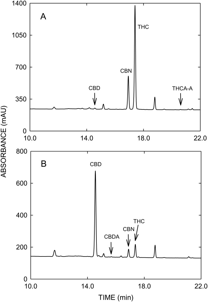 HPLC profiles of vapor samples collected from THC-type cannabis (A) and CBD-type cannabis (B) after vaporization with the DaVinci Vaporizer®.Abbreviations as in Fig 2.