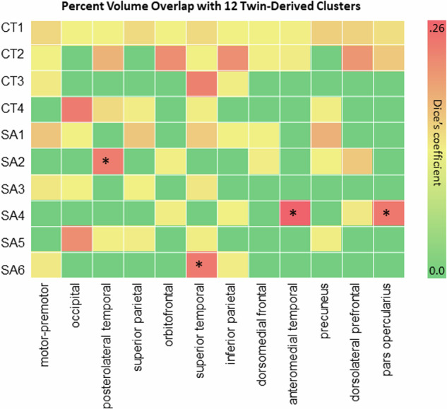 Genetic parcellation of twin brains. We examined the percent volume overlap as measured by Dice’s coefficients for the overlap between 6 SA GIBNs and the 12 clusters reported by Chen et al. [11] derived from twin brain data. *FDR-corrected p values for percent volume overlap with 12 clusters are indicated by an asterisk. SA surface area, CT cortical thickness, GIBN genetically informed brain network.
