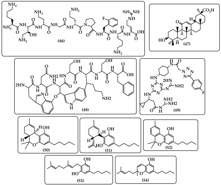 Chemical structure of NOSO-502 (46), 18β-glycyrrhetinic acid (GRA) (47), Darobactin A (48), MRL-494 (49), trans-Δ-9-tetrahydrocannabinol (THC) (50), cannabidiol (CBD) (51), cannabinol (52), cannabigerol (CBG) (53), and cannabichromene (54).