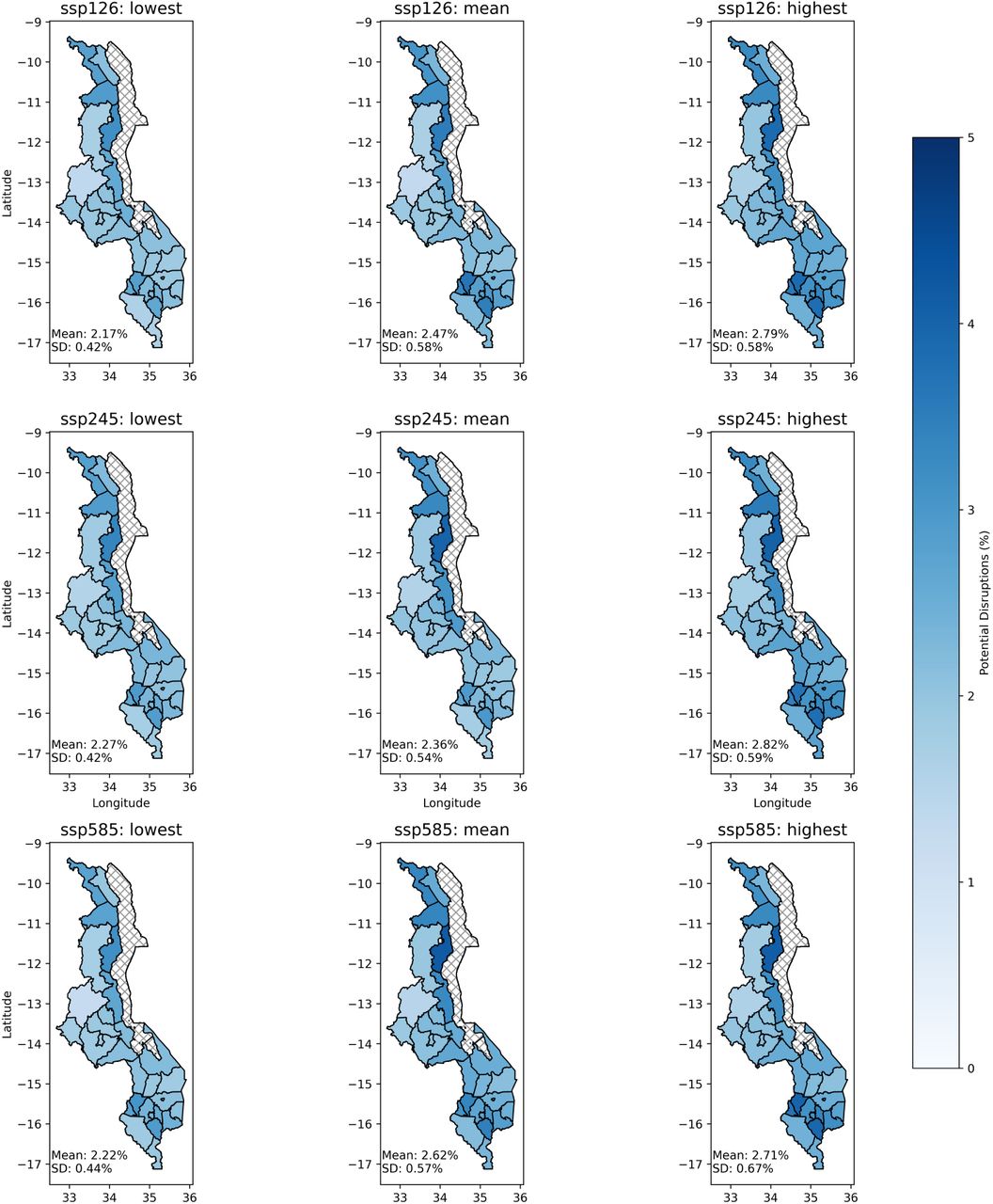 Projected percentage of ANC services potentially disrupted by precipitation events between 2025 and 2060.