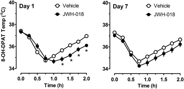 Time-course of core body temperature changes induced by a subcutaneous challenge injection of 0.3 mg/kg 8-OH-DPAT at 1 and 7 days after cessation of repeated JWH-018 treatment. Temperatures were recorded at 0, 0.25, 0.5, 0.75, 1, 1.25, 1.5, and 2 h post-injection, as described in the Section “Challenge injection with serotonergic agonists.” Data are mean ± SEM for N = 9 rats per group. *Represents significant effects when compared to vehicle-pretreatment group at specific time points (Bonferroni, p < 0.05).