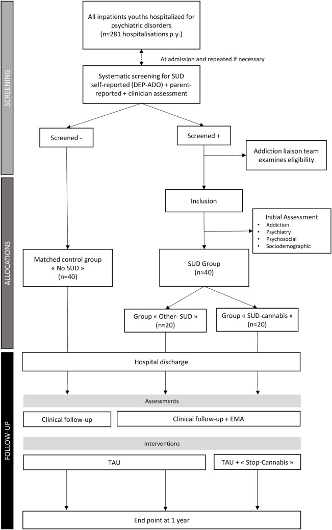 Flow-chart of the study. Notes: SUD, substance use disorders; DEP-ADO, the questionnaire used for participants’ screening, is detailed in Section “Screening”; EMA, ecological momentary assessment; TAU, treatment as usual.